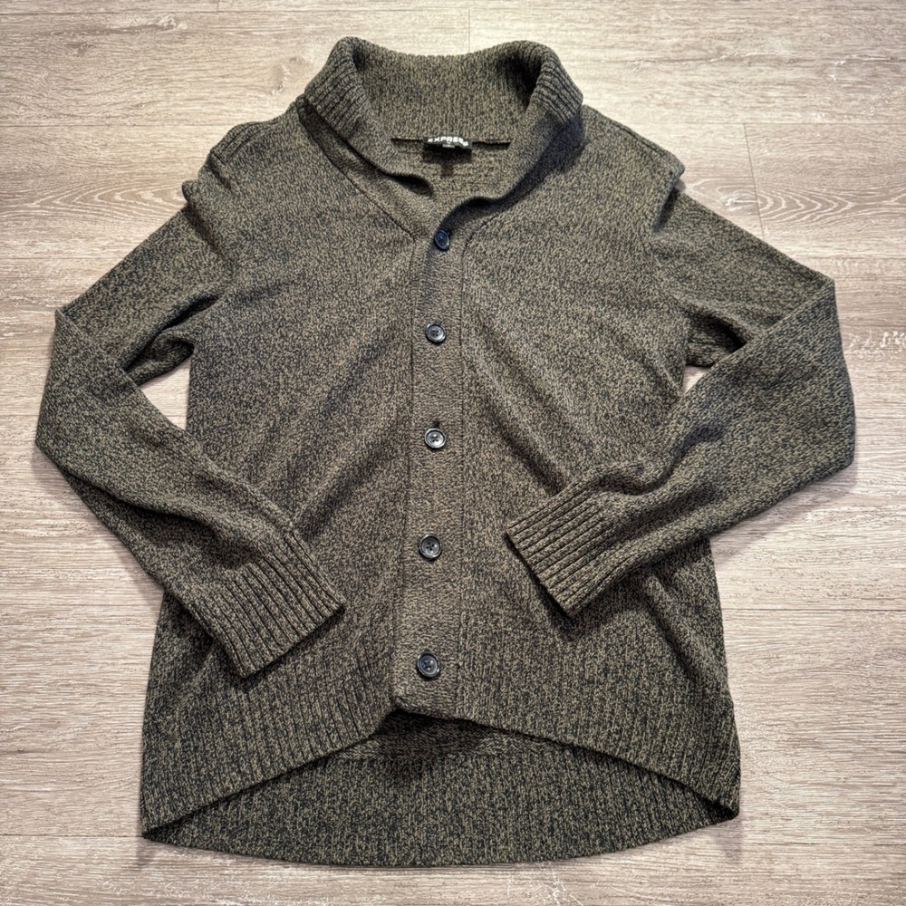 Express Cardigan Sweater Men Large Green Marl Cotton Blend Shawl Collar Heritage